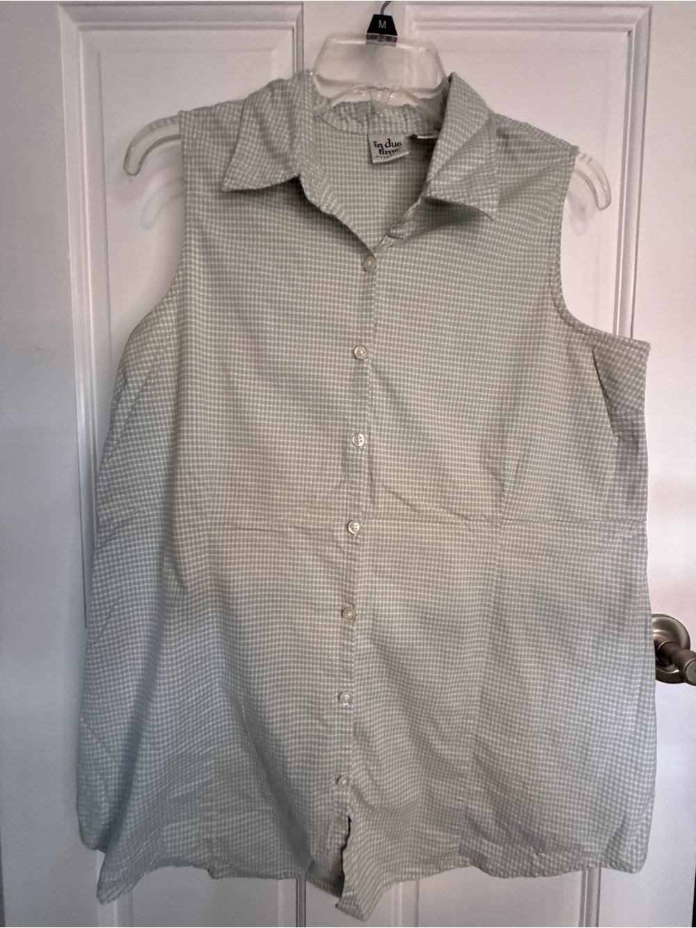 Sleeveless Button-Front Blouse in Pale Mint Gingham